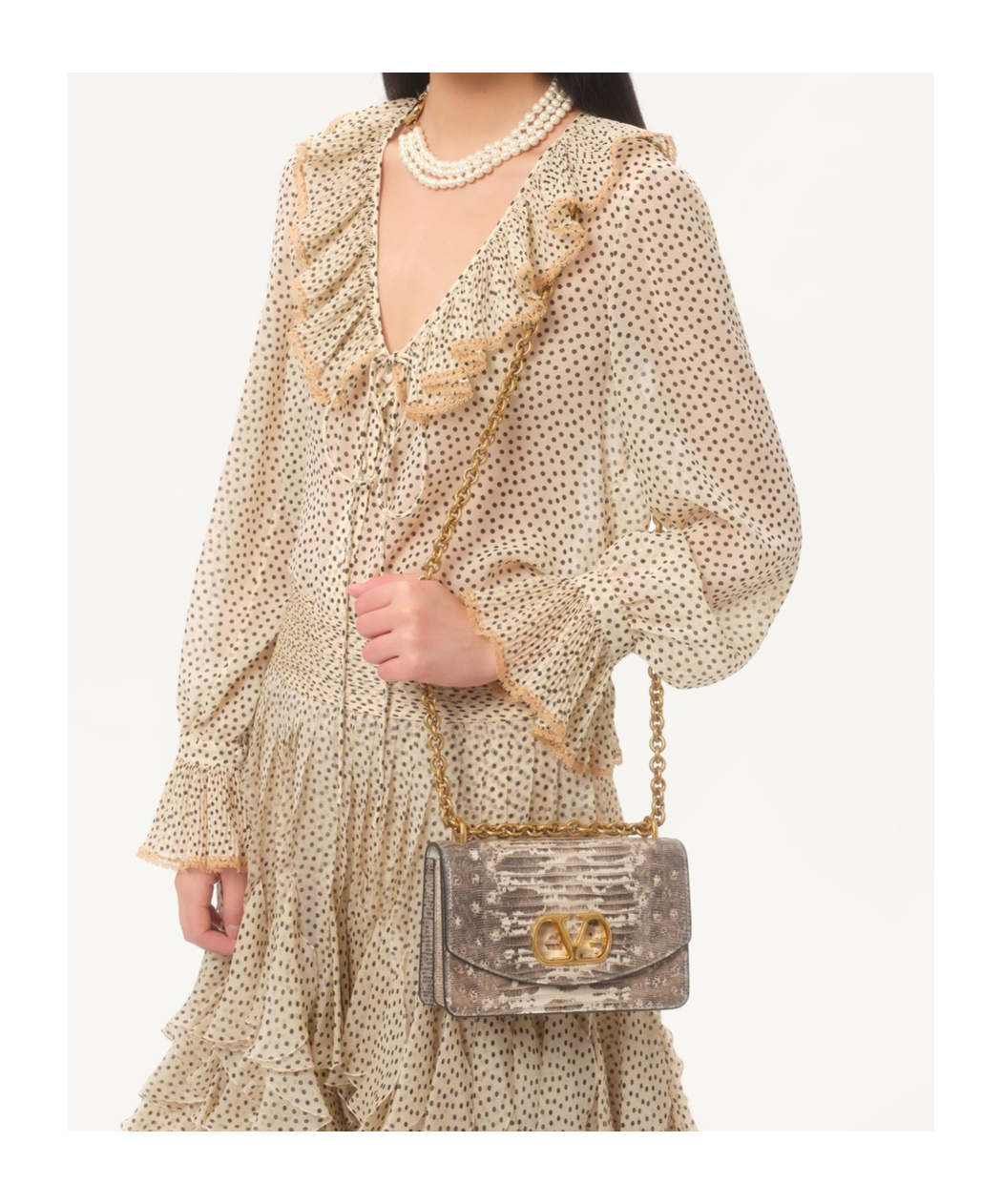Valentino Silk Blouse With Ruffled Neckline And Polka Dot Pattern In Nude