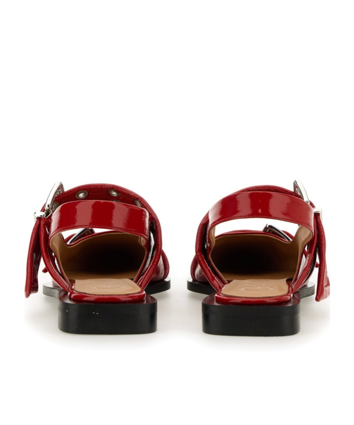Ganni Red Wide Welt Buckle Ballerina Flats In Red