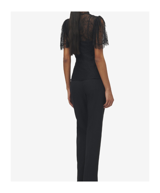 Alexander Mcqueen High Neck Sheer Lace Short Sleeve Top In Black