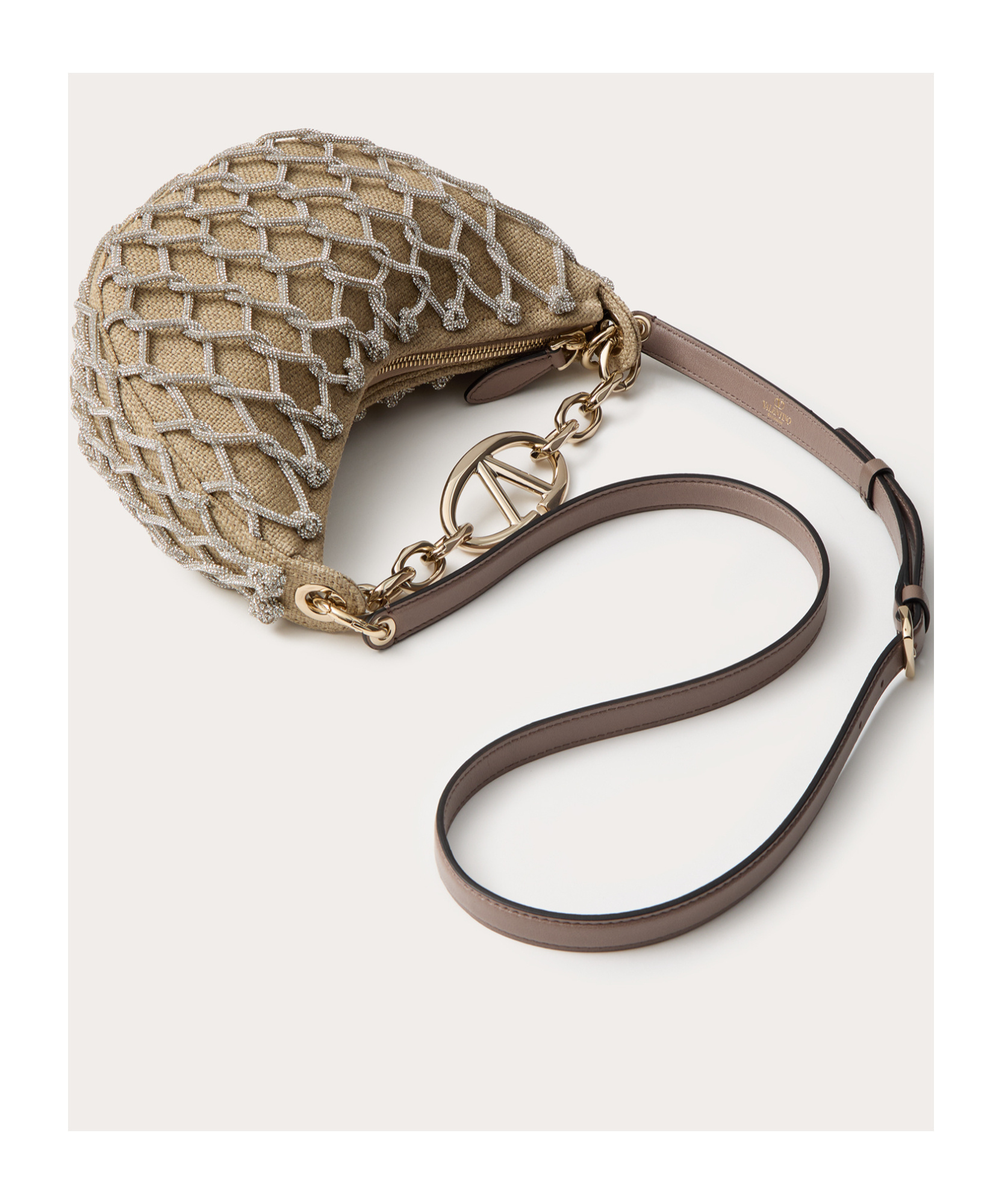 Valentino Vlogo Moon Mini Hobo Bag In Linen And Rhinestone Mesh With Chain In Brown
