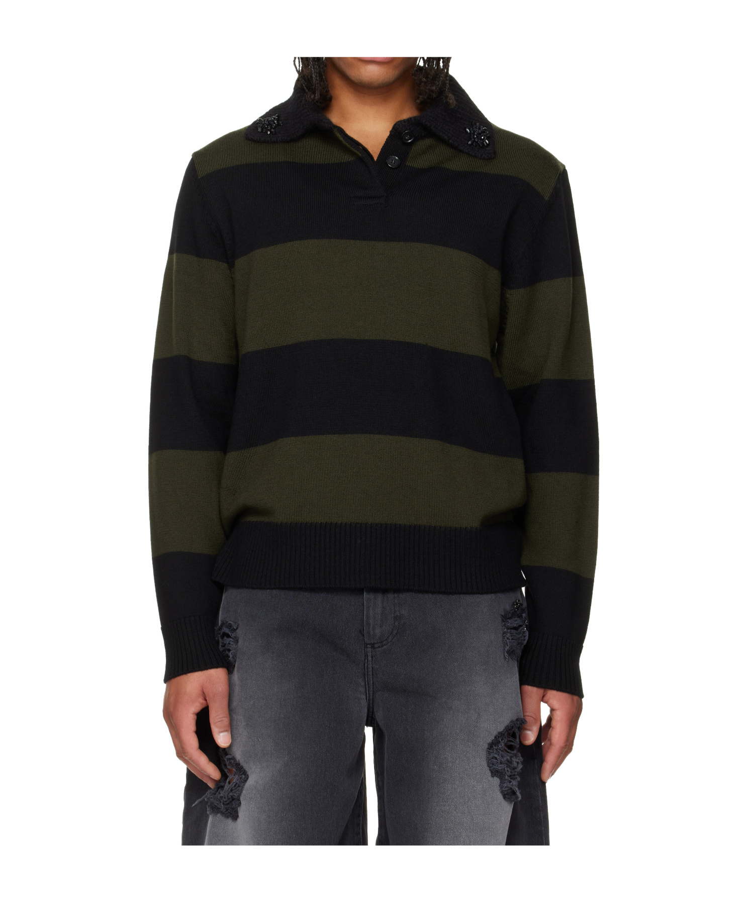 Simone Rocha Striped Embellished-collar Polo Shirt In Multi