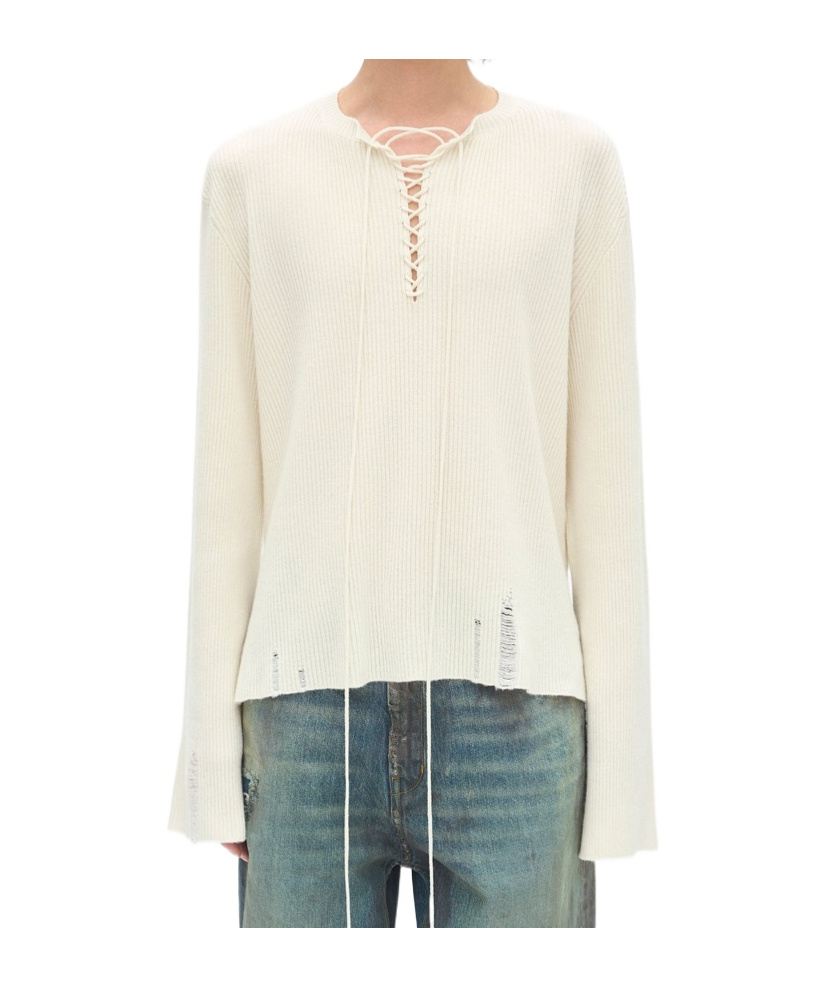 Ann Demeulemeester Deder Lace Up Serafino Sweater In Neutral