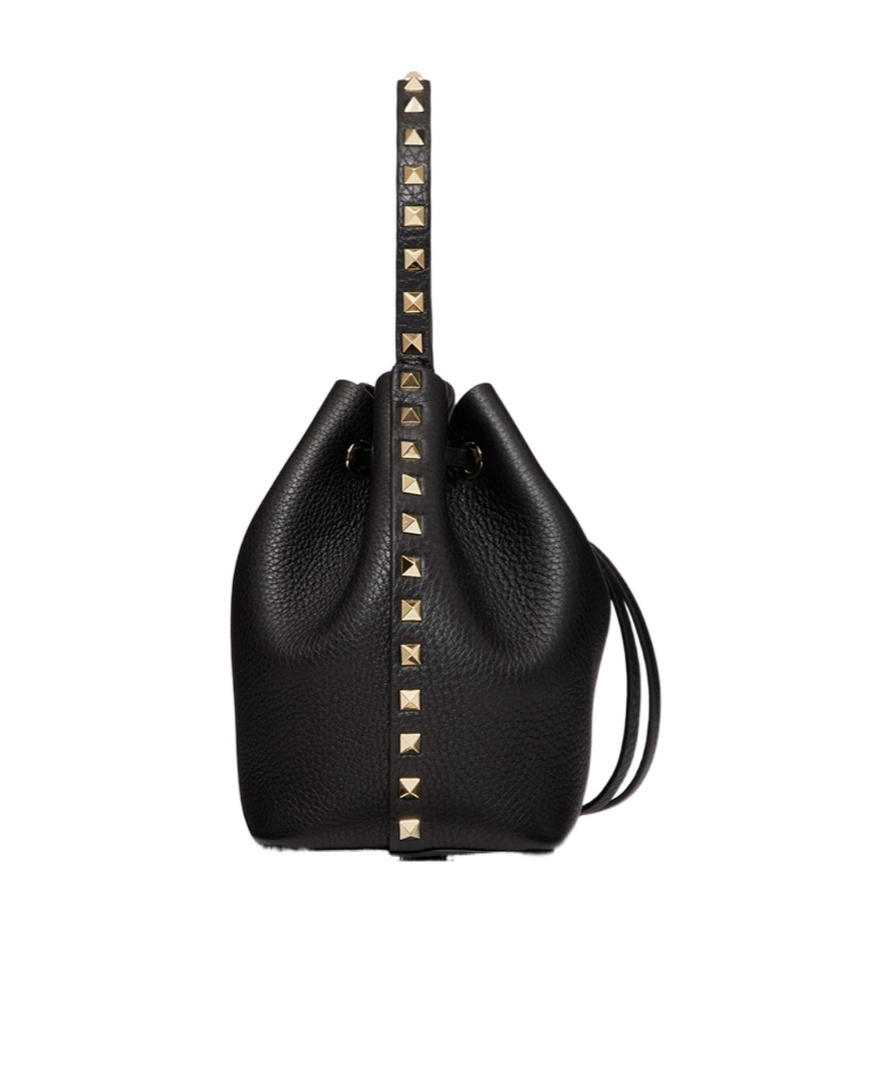 Valentino Rockstud Grainy Leather Bucket Bag In Black