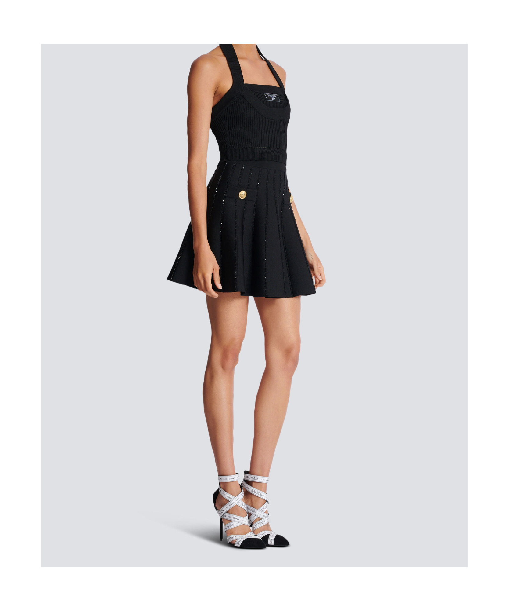 Shop Balmain Ribbed Knit Halterneck Top In Black