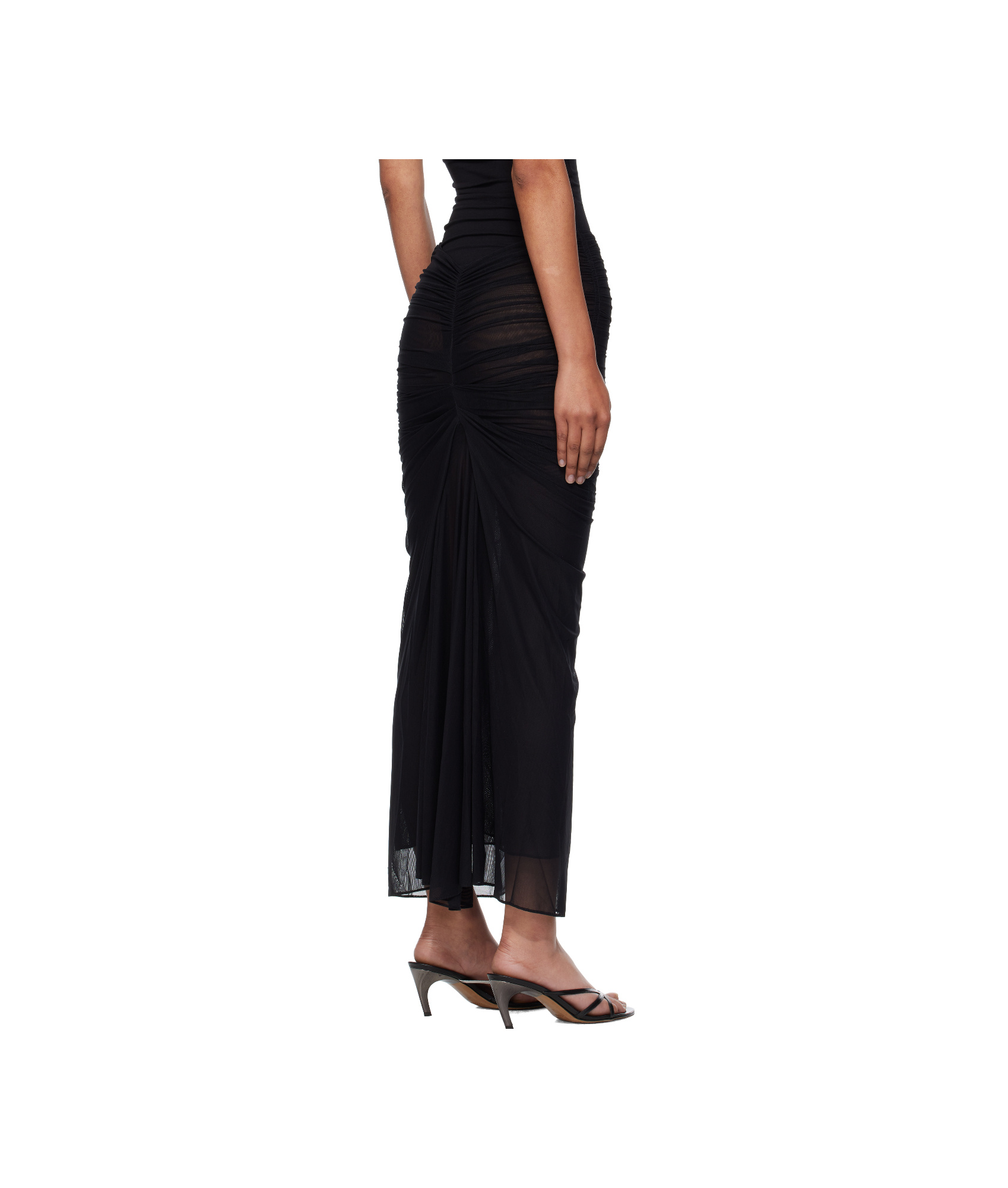 Mugler Black Ruched Mesh Midi Skirt In Black