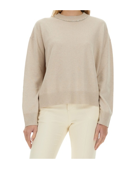 Fabiana Filippi Crew Neck Sweater With Sequin Trim Detail In Pink