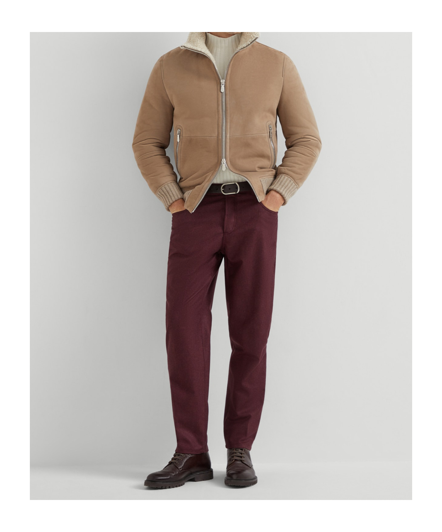 Brunello Cucinelli Bomber Jacket With Shearling Collar And Ribbed Finish In Brown