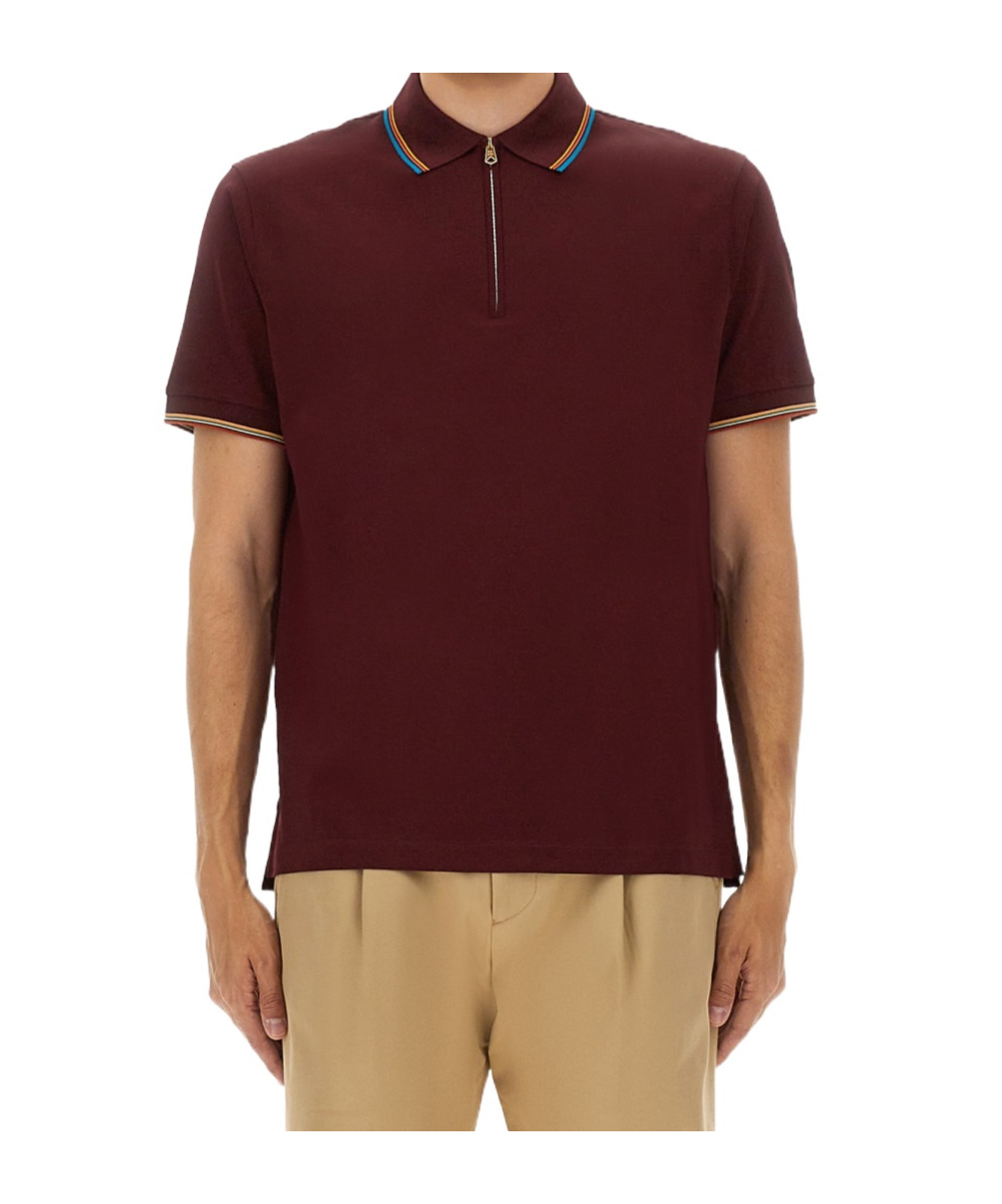 Paul Smith Signature Stripe Trim Zip Polo Shirt In Burgundy