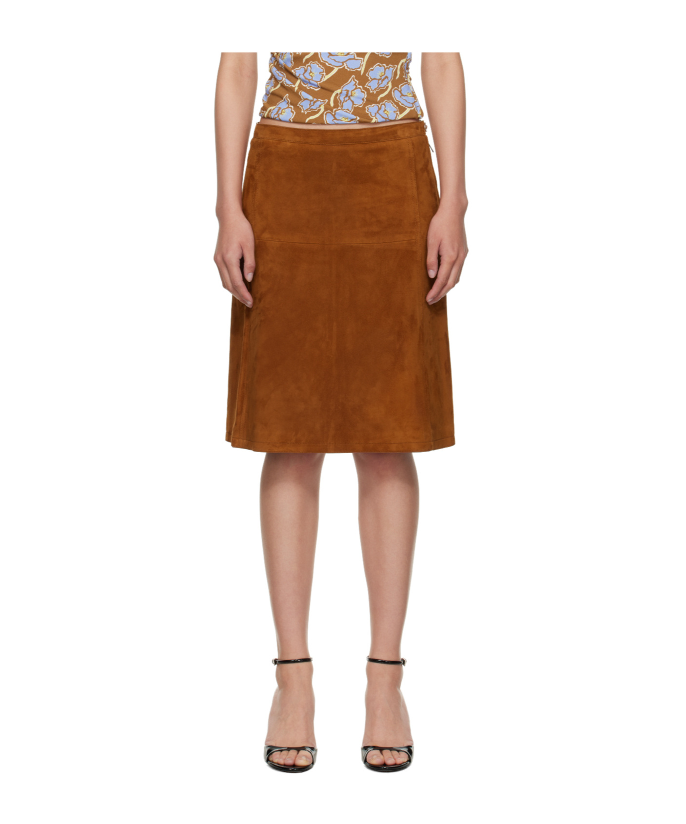 Versace Brown Zip Suede Midi Skirt In Brown