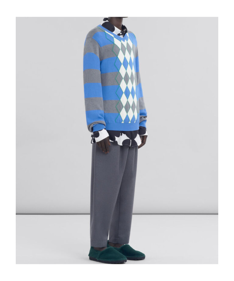 Marni Blue Stripe Sweater With Argyle Motif In Blue