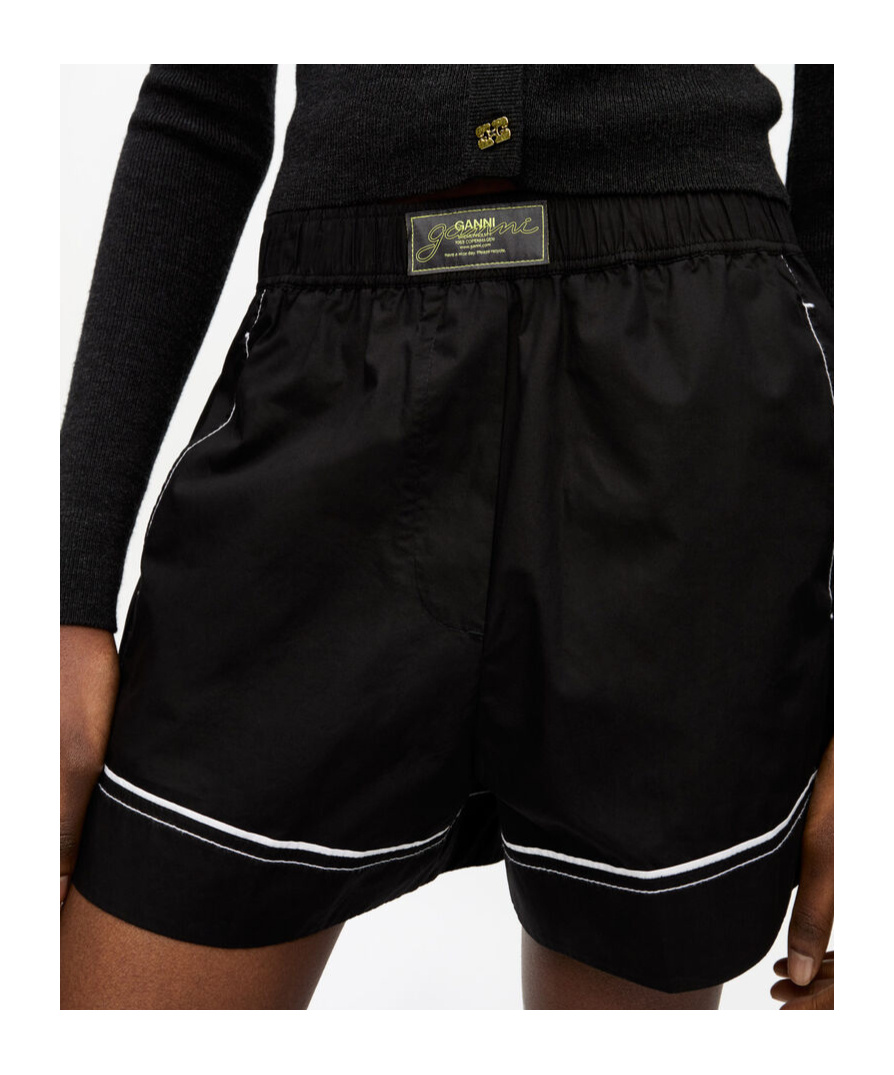 Ganni Cotton Poplin Elasticated Shorts In Black
