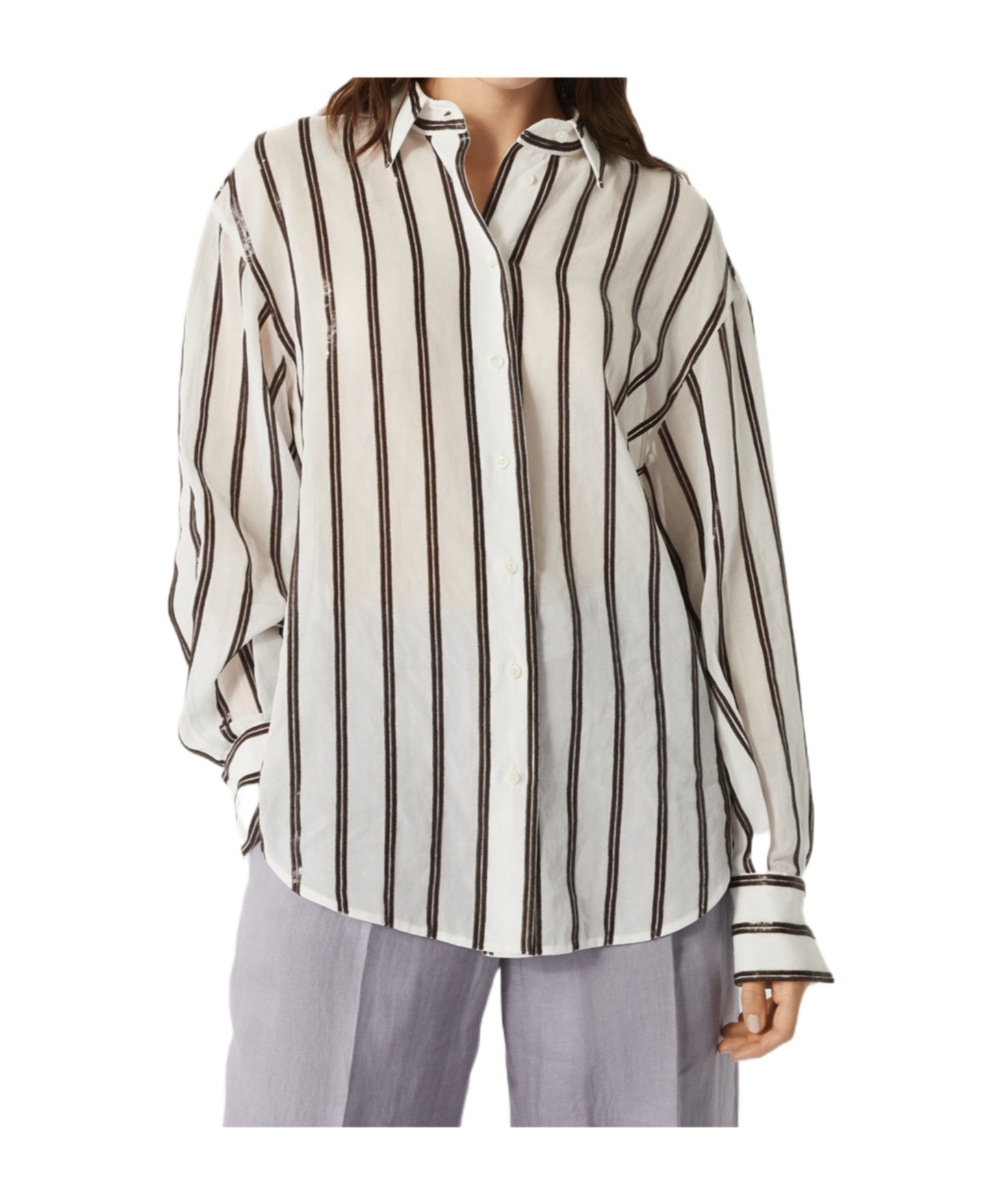 Brunello Cucinelli Sequined Stripe Button Down Gauze Blouse In Gray
