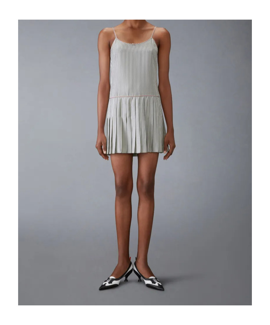 Thom Browne Striped Pleated Minidress In Gray