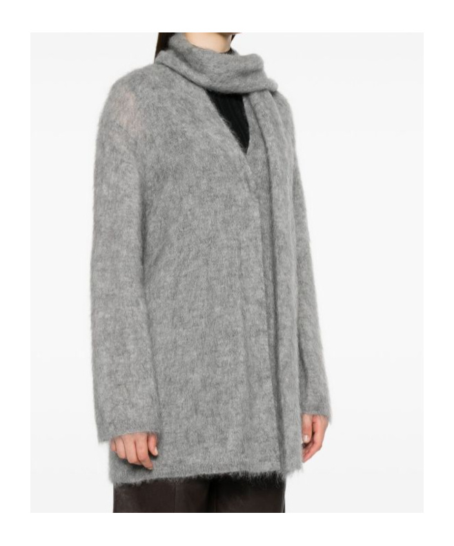Forte Forte Open Front Cardigan Attached Scarf In Gray