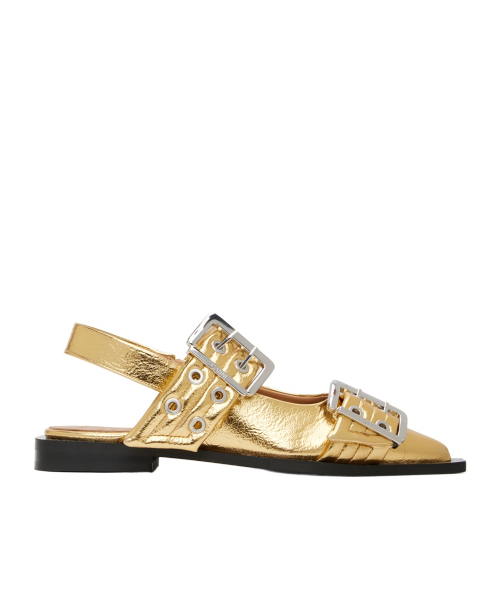 Ganni Buckle Faux Leather Ballet Flats In Nude