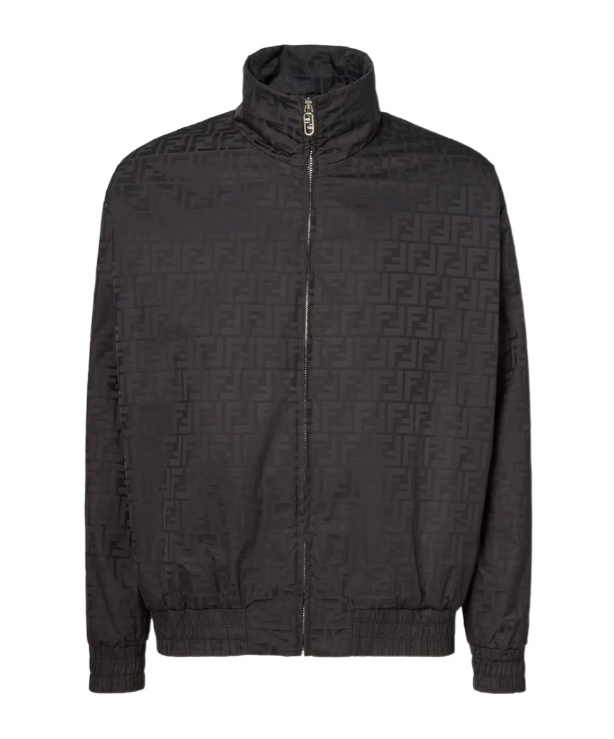 Fendi Men Black Jacket With High Neck And All-over Ff Motif In Tech Fabric Man In Black