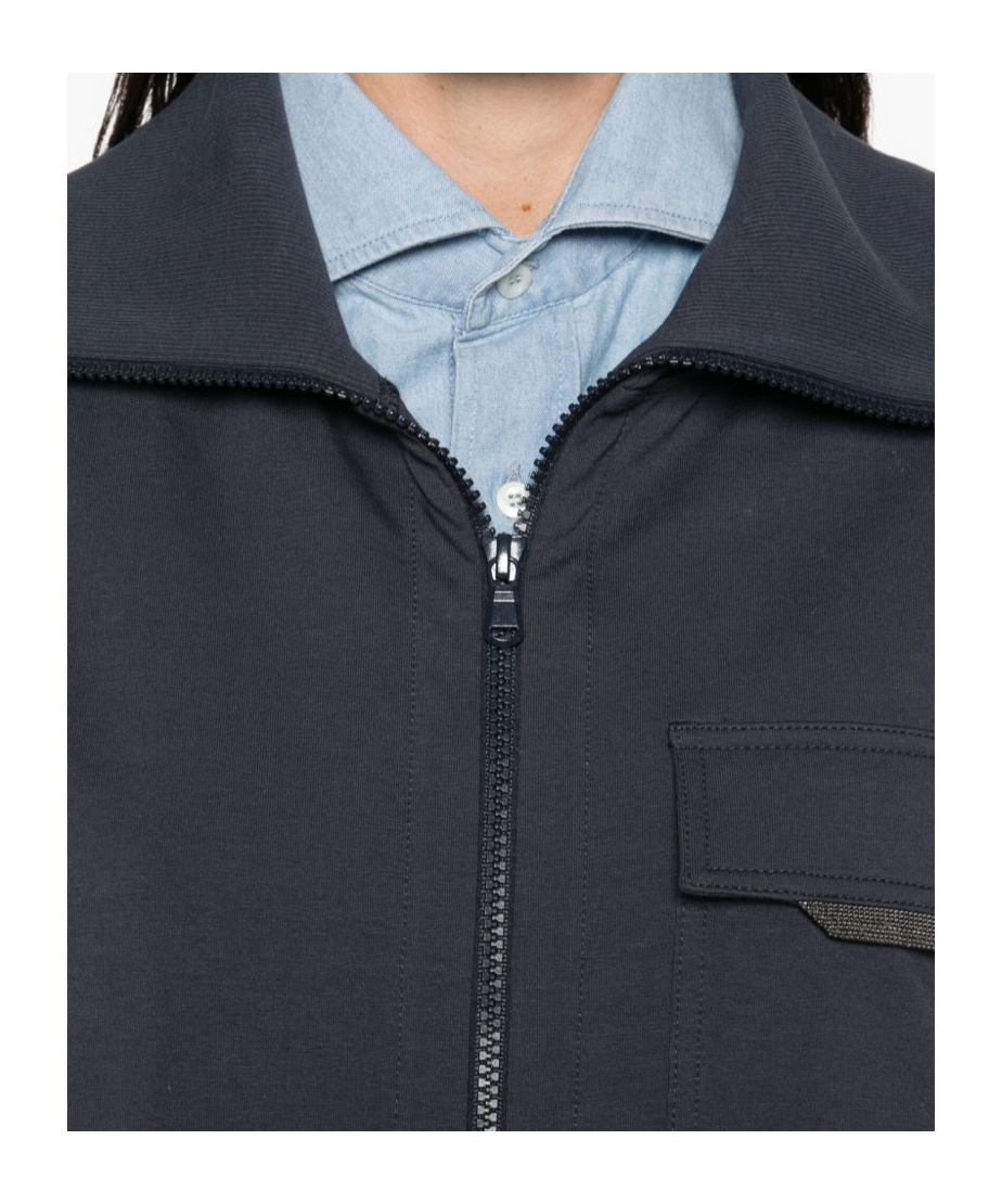 Brunello Cucinelli Cotton Zip Sweatshirt Chest Pocket In Blue