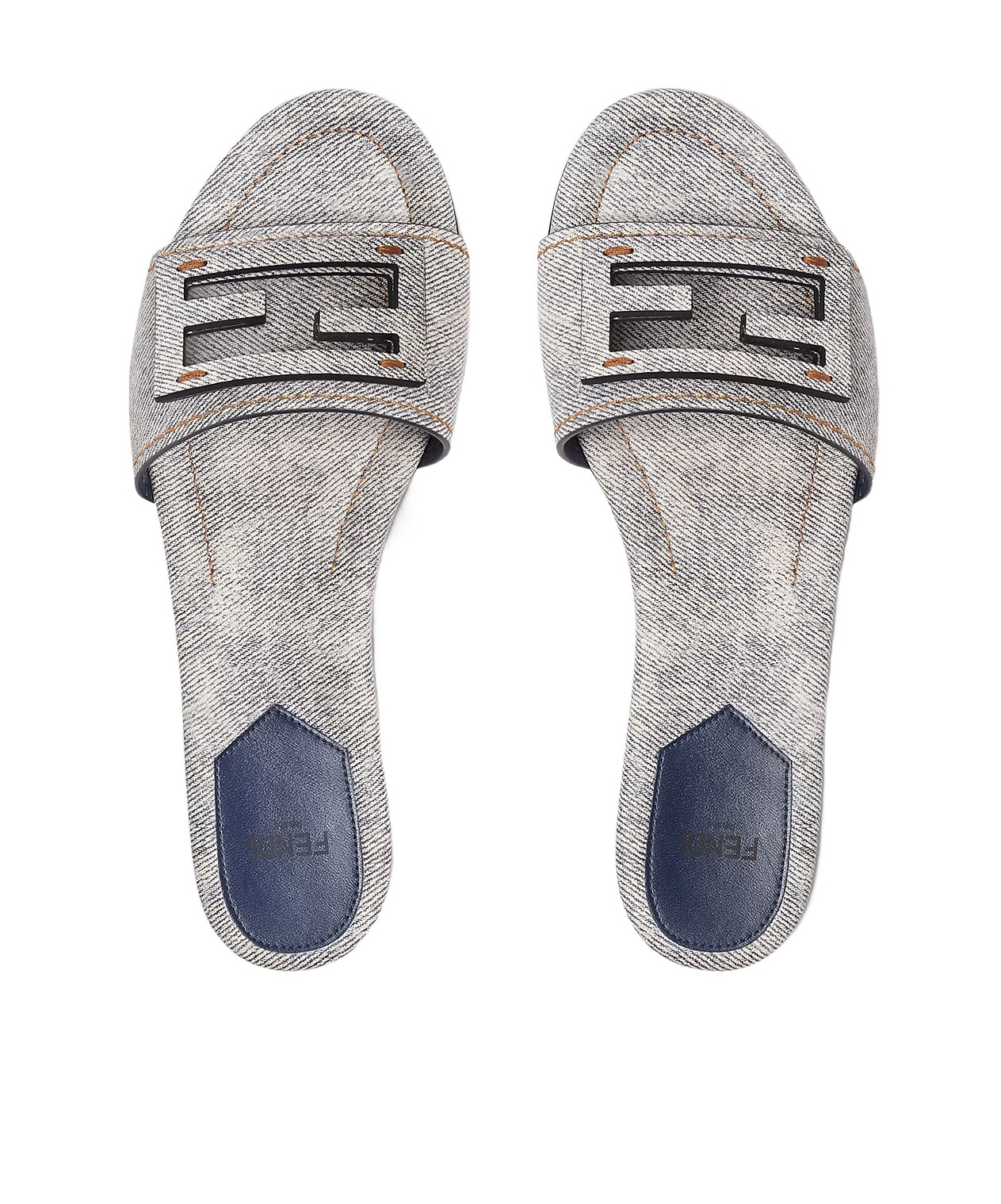 FENDI LIGHT BLUE DENIM-PRINT LEATHER SLIDES