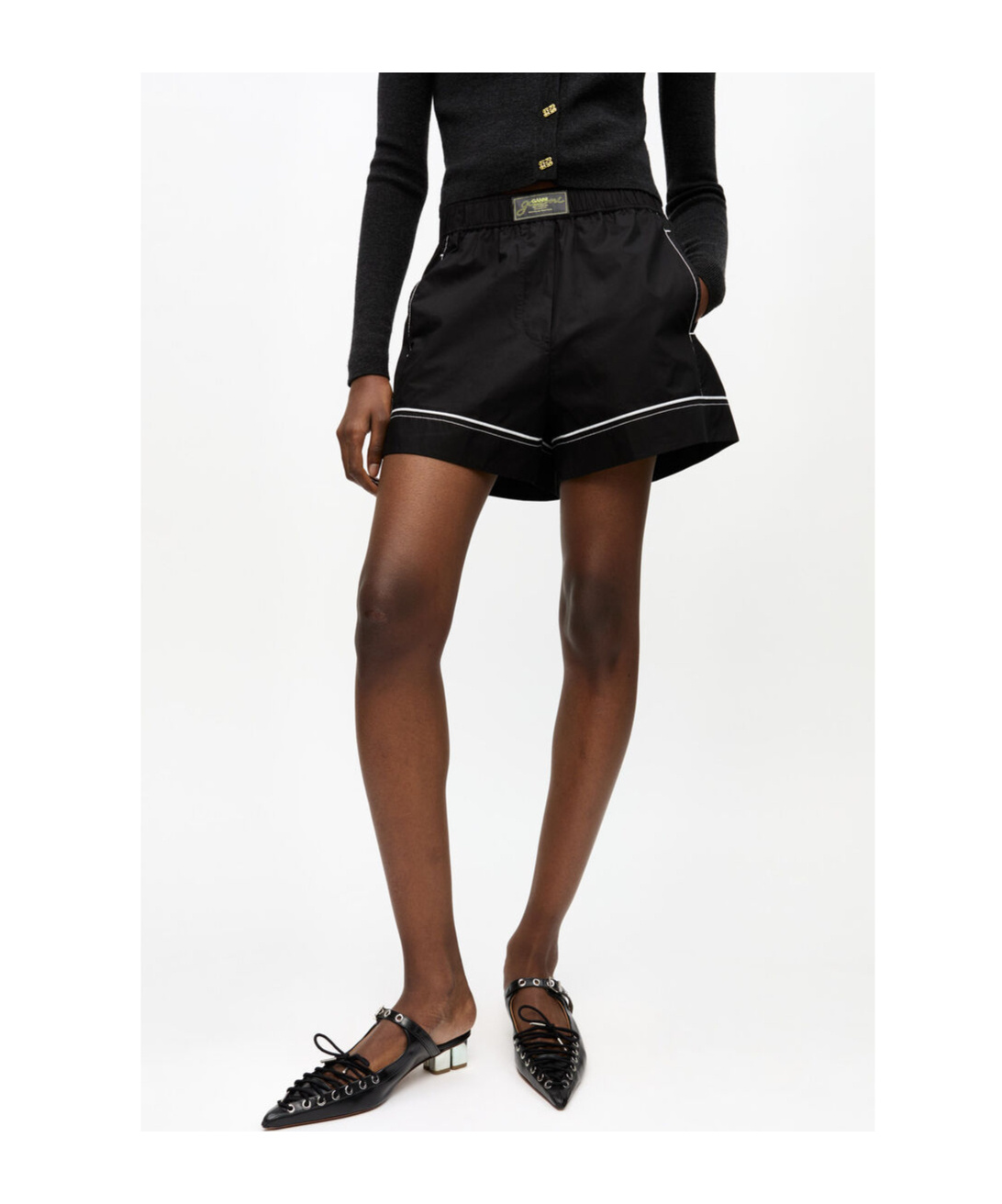 Ganni Cotton Poplin Elasticated Shorts In Black