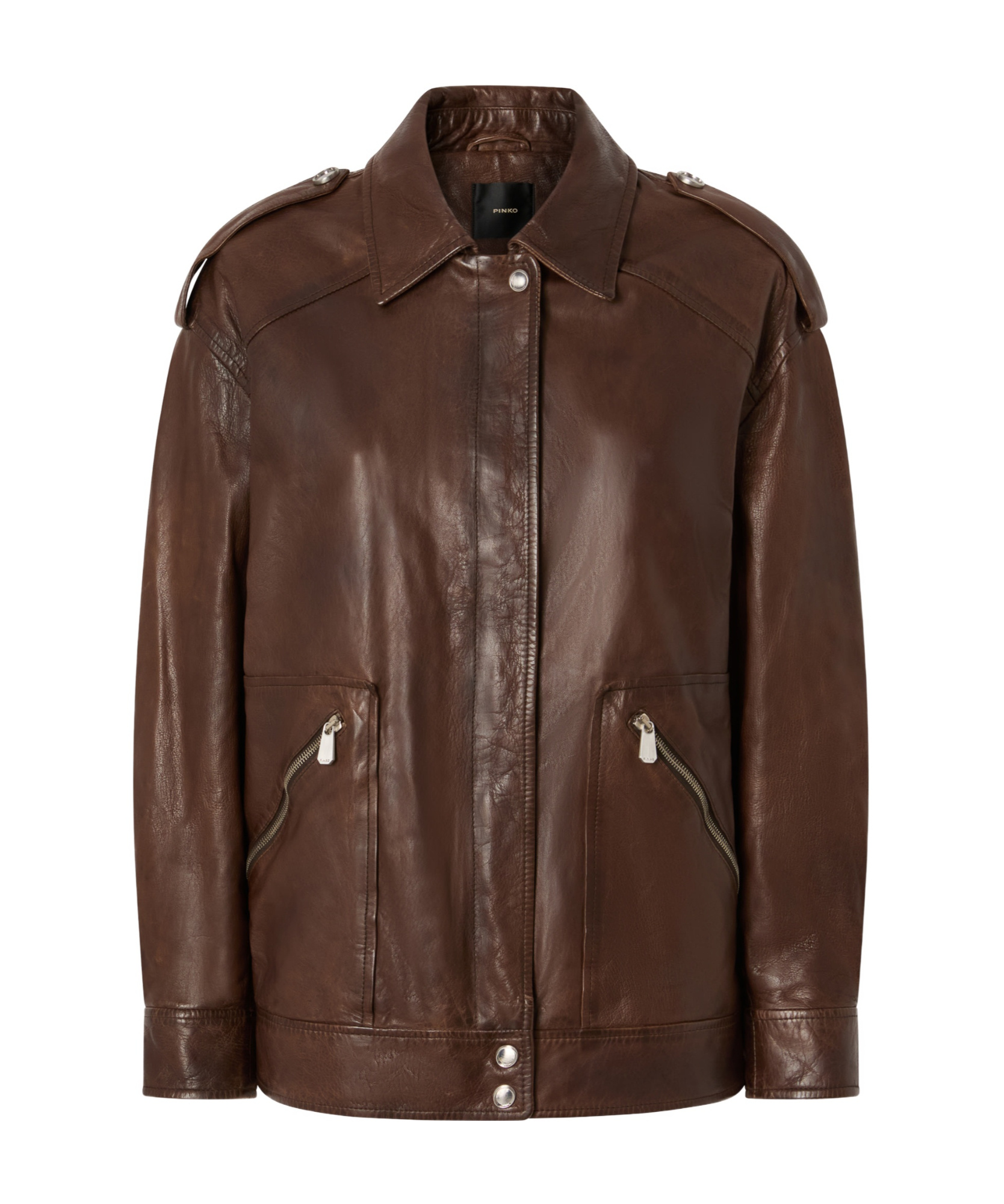 Pinko Washed Leather Jacket With Collar In Brown