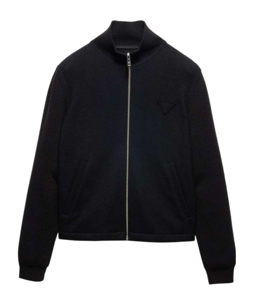 Prada Stretch Wool Blend Cardigan With Front Pockets In Black