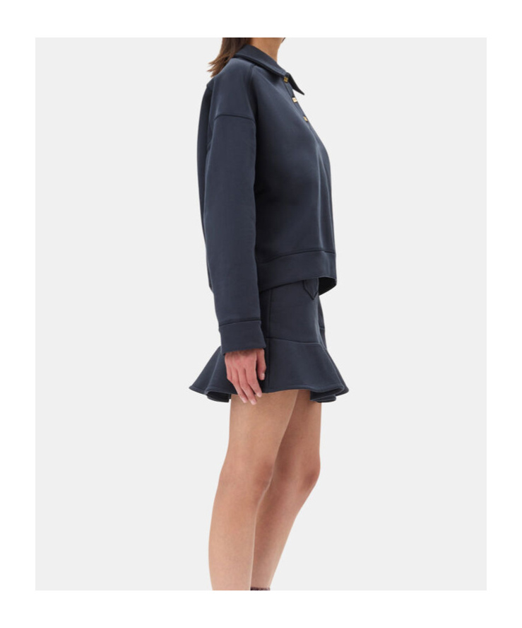 Ganni Heavy Fleece Drop Shoulder Polo Shirt In Black