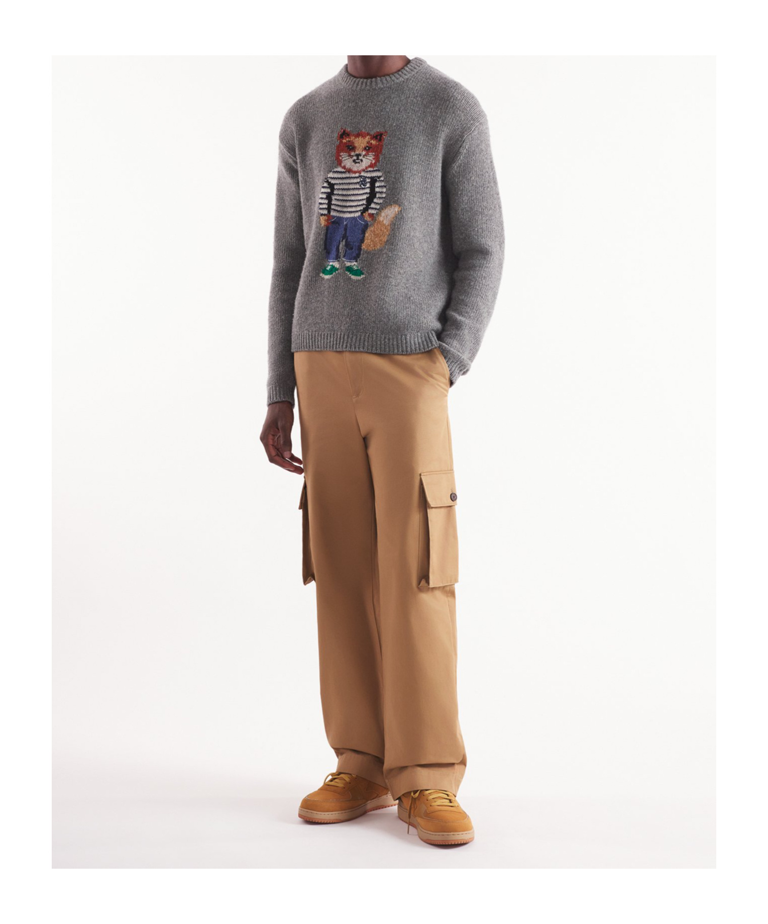 Shop Maison Kitsuné Dressed Fox-intarsia Crewneck Jumper In Gray