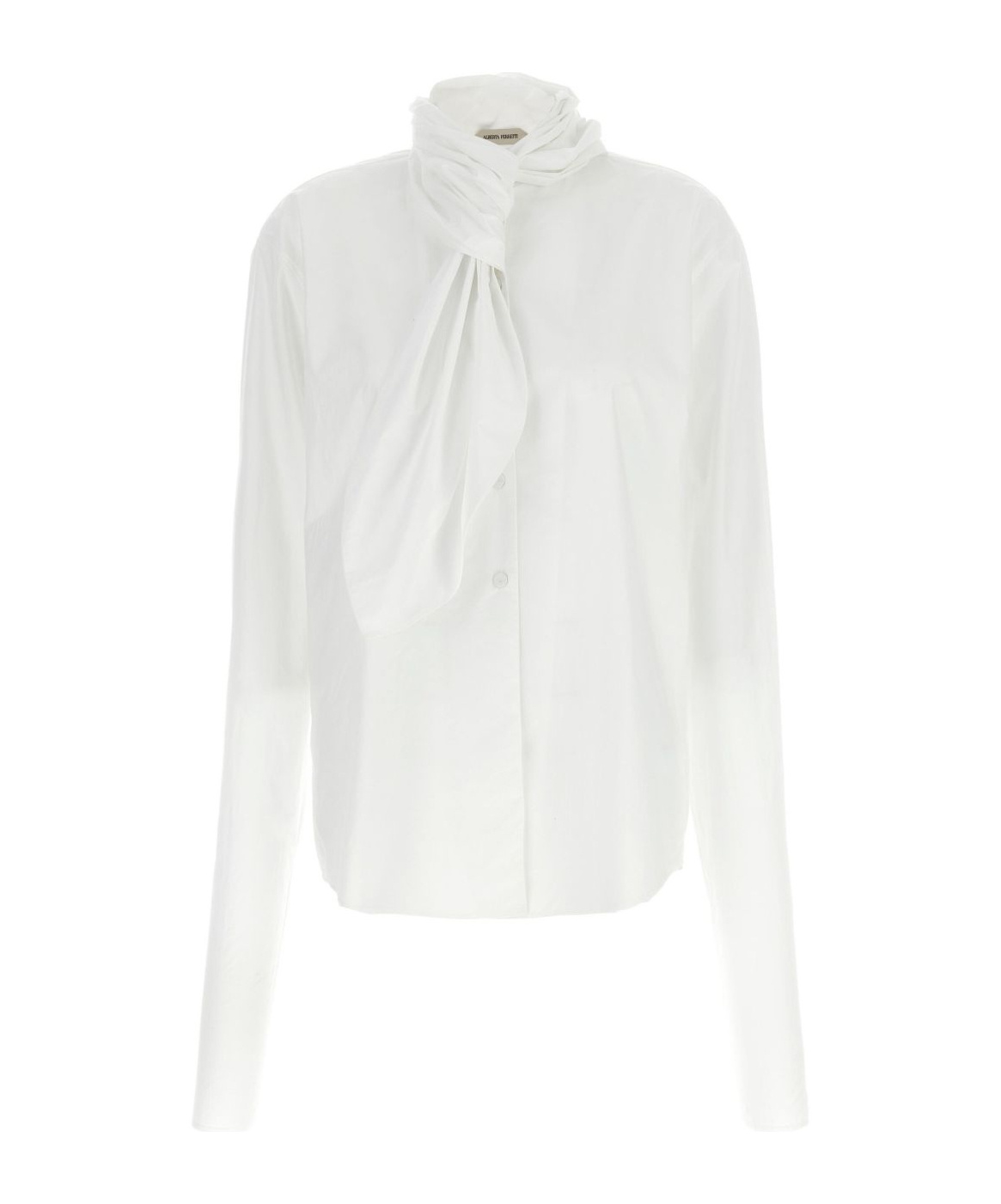 Alberta Ferretti Long Sleeve Collarless Shirt With Scarf Detail In White