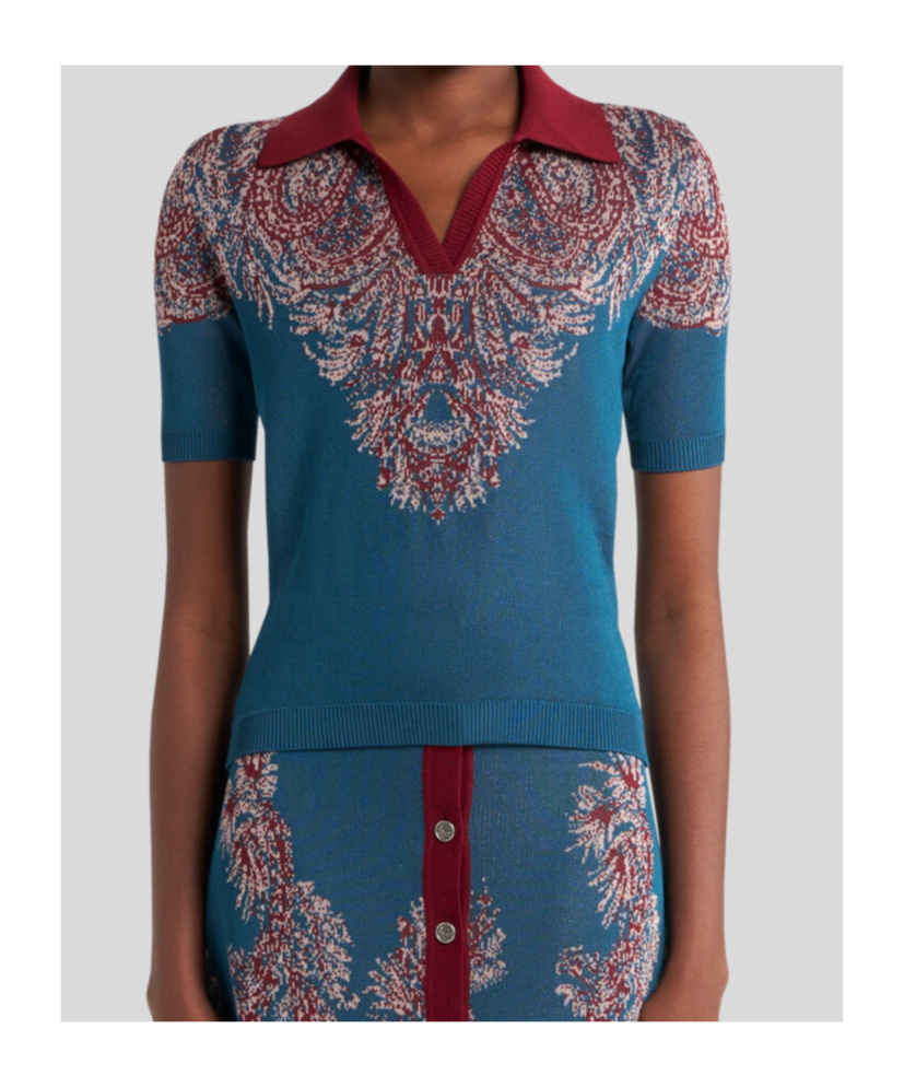 Etro Collared V-neck Polo With Patterned Ribbed Cuffs In Green