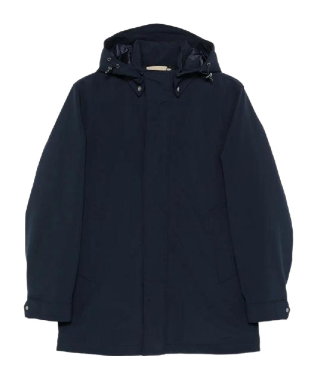 Woolrich Navy Blue Hooded Jacket With Concealed Fastening In Animal Print
