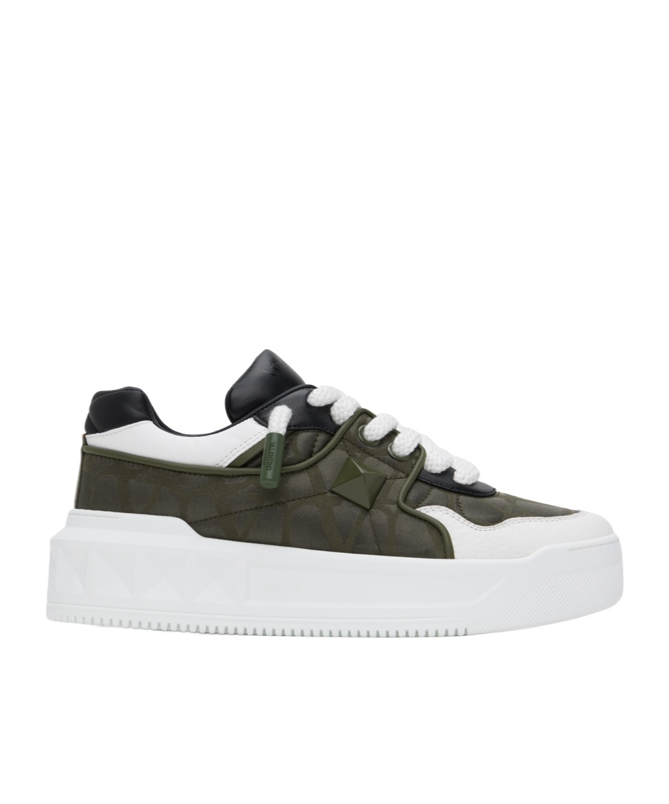 Valentino One Stud Xl Low-top Sneaker In Nappa Leather And Jacquard Toile Iconographe Technical Fabric In White