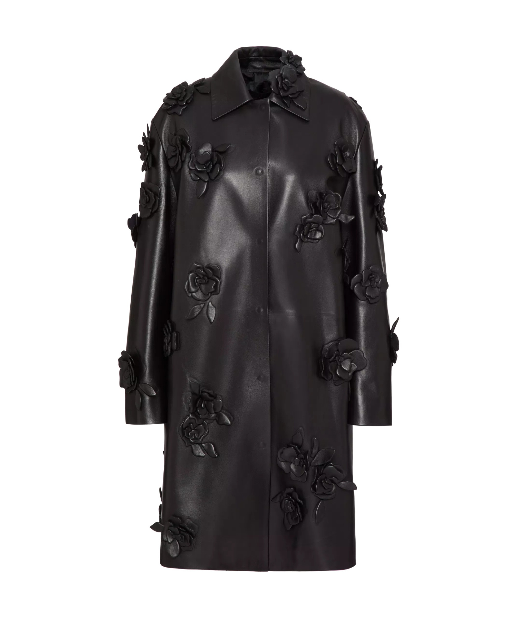 Valentino Black Leather Coat With Embroidery In Black