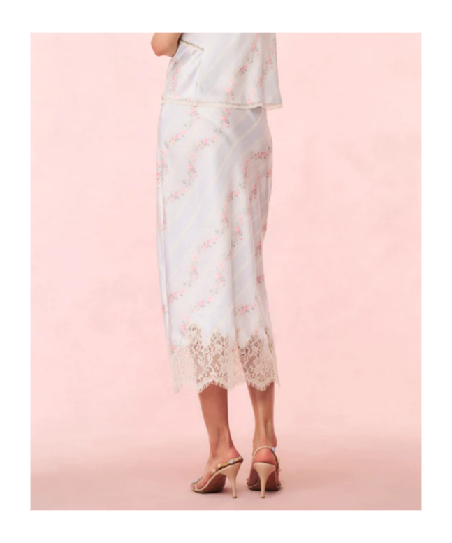 Shop Loveshackfancy Foral-print Satin Midi Skirt In Wavecrest Blue