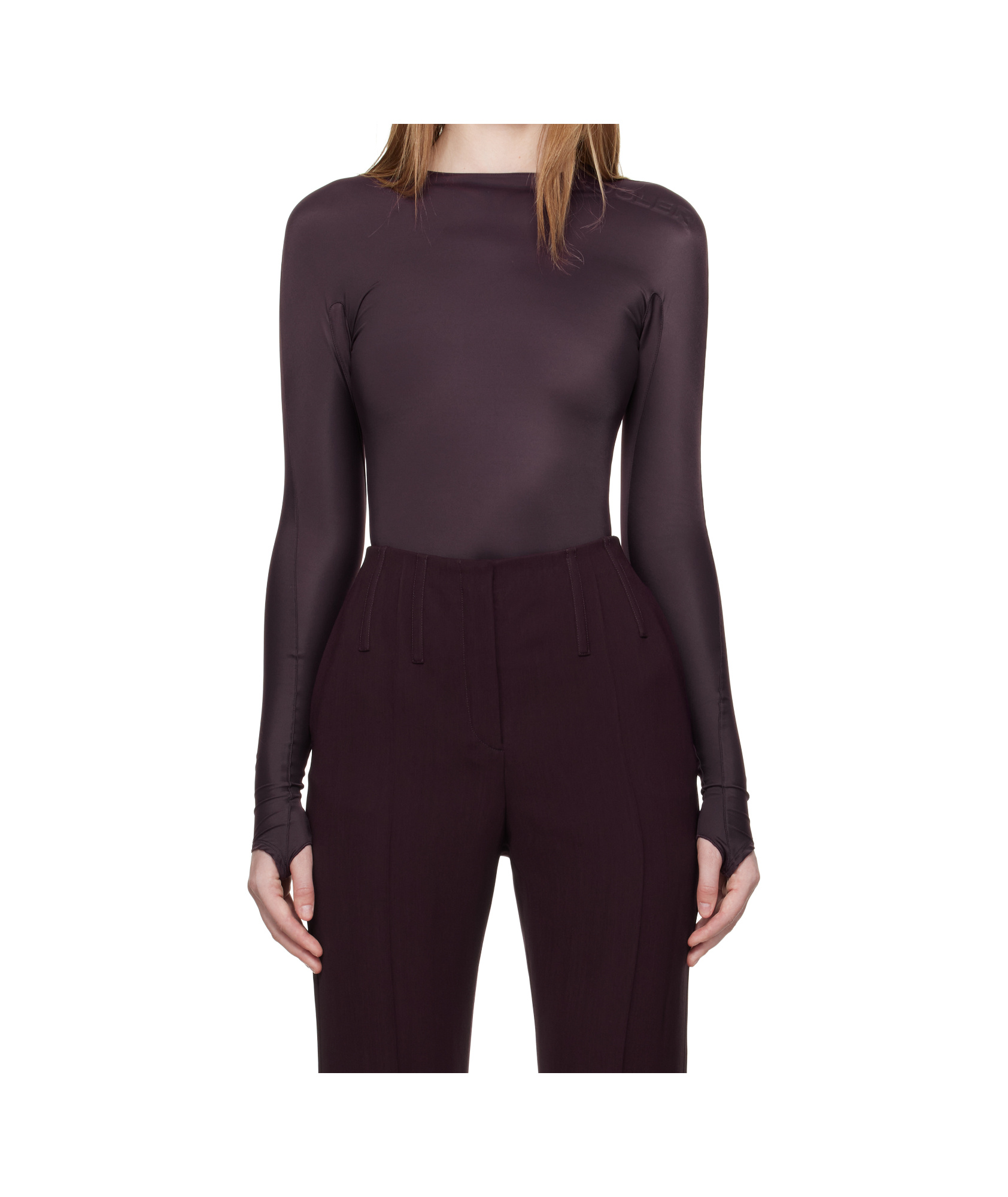 Mugler Embossed-logo Long-sleeve Bodysuit In Burgundy