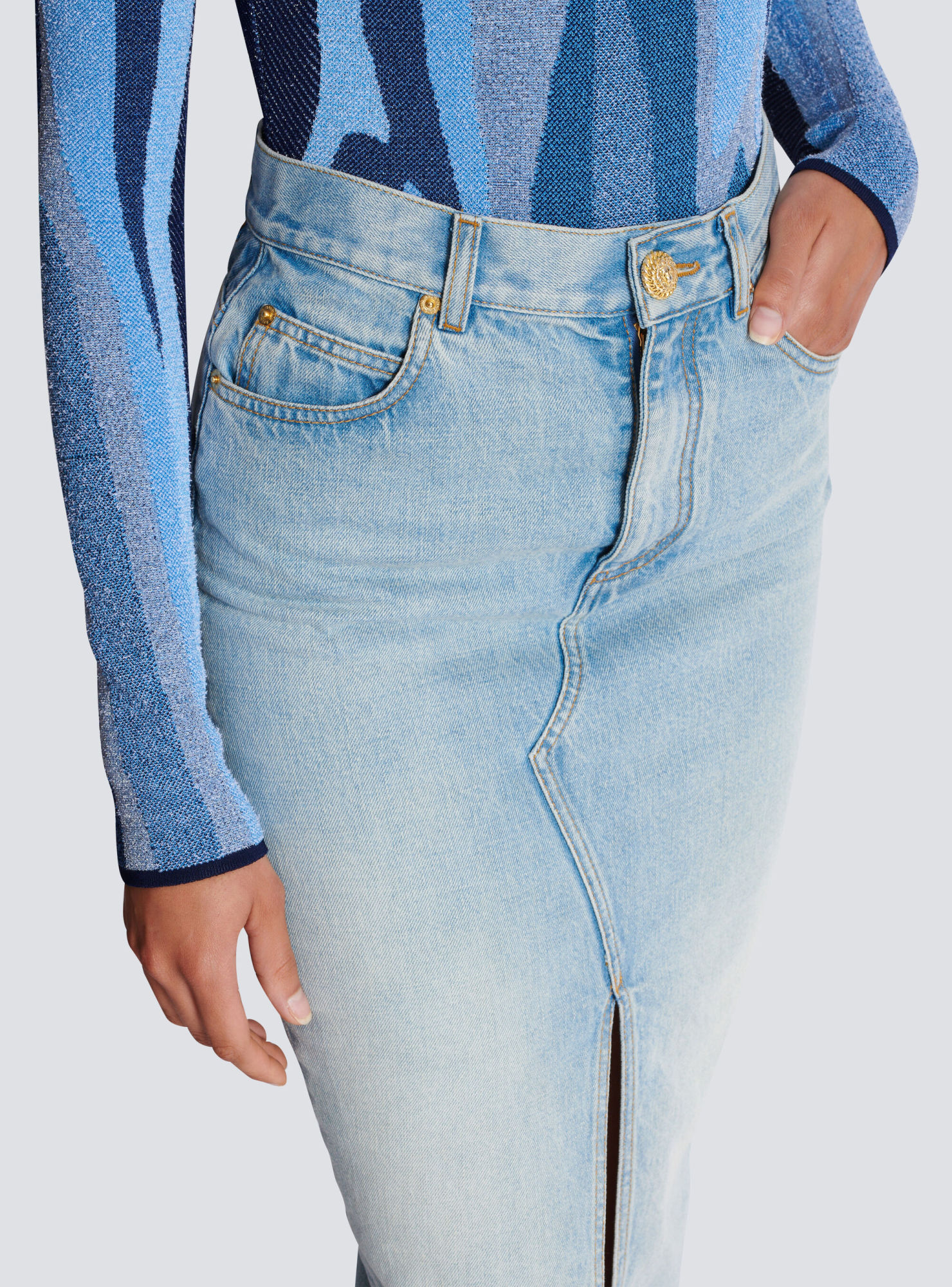 Balmain Midi Denim Skirt With Slit In Gray