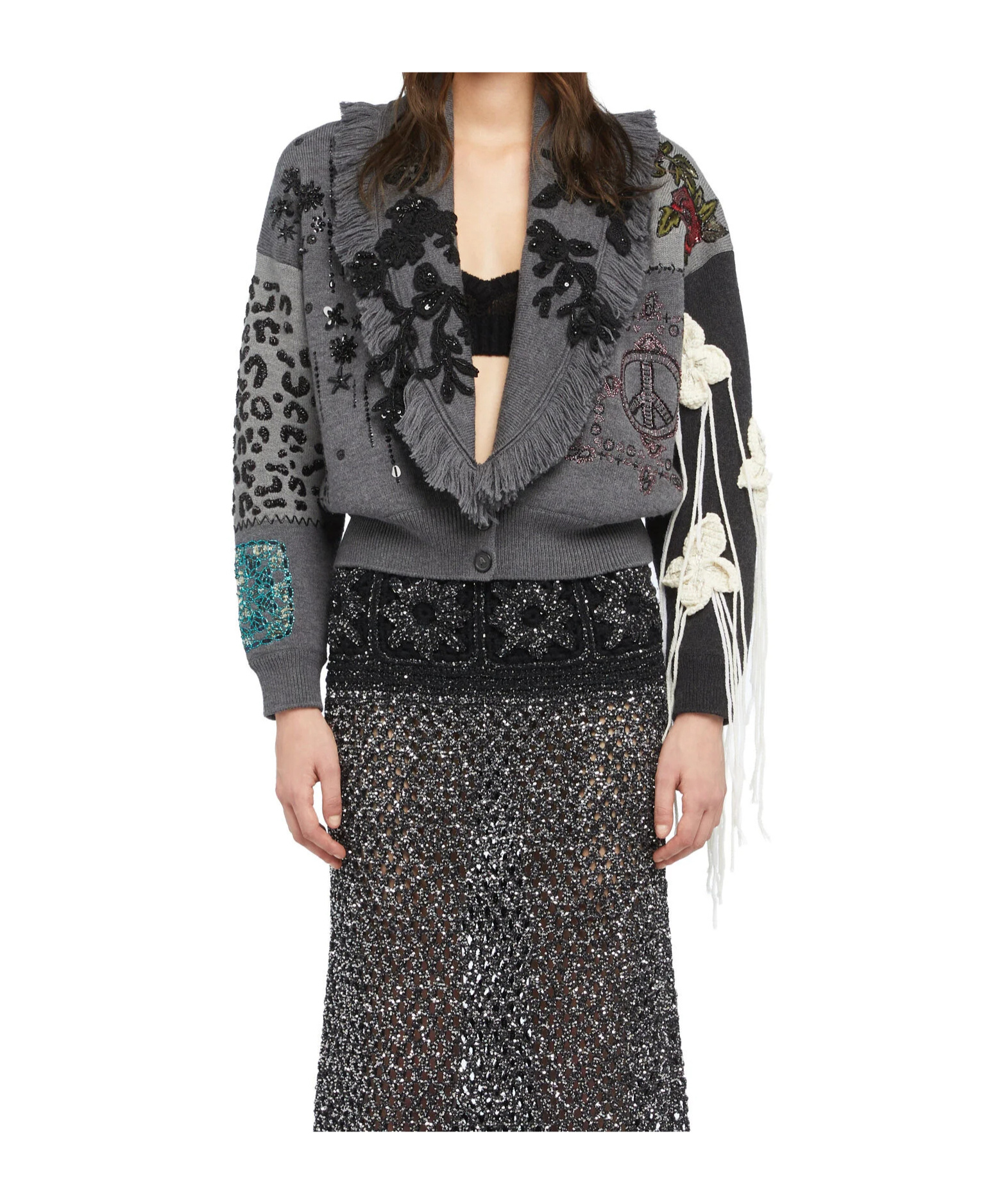Alanui Midnight In Manhattan Embellished Fringed Cardigan In Gray