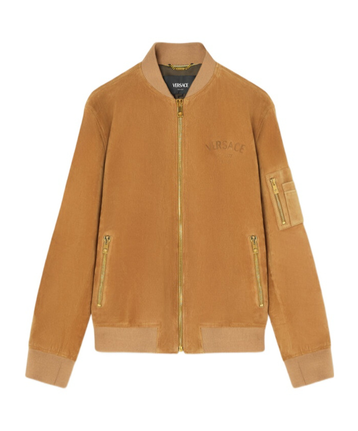 Versace Ribbed Cuffs Sleeve Zip Pocket Jacket In Brown