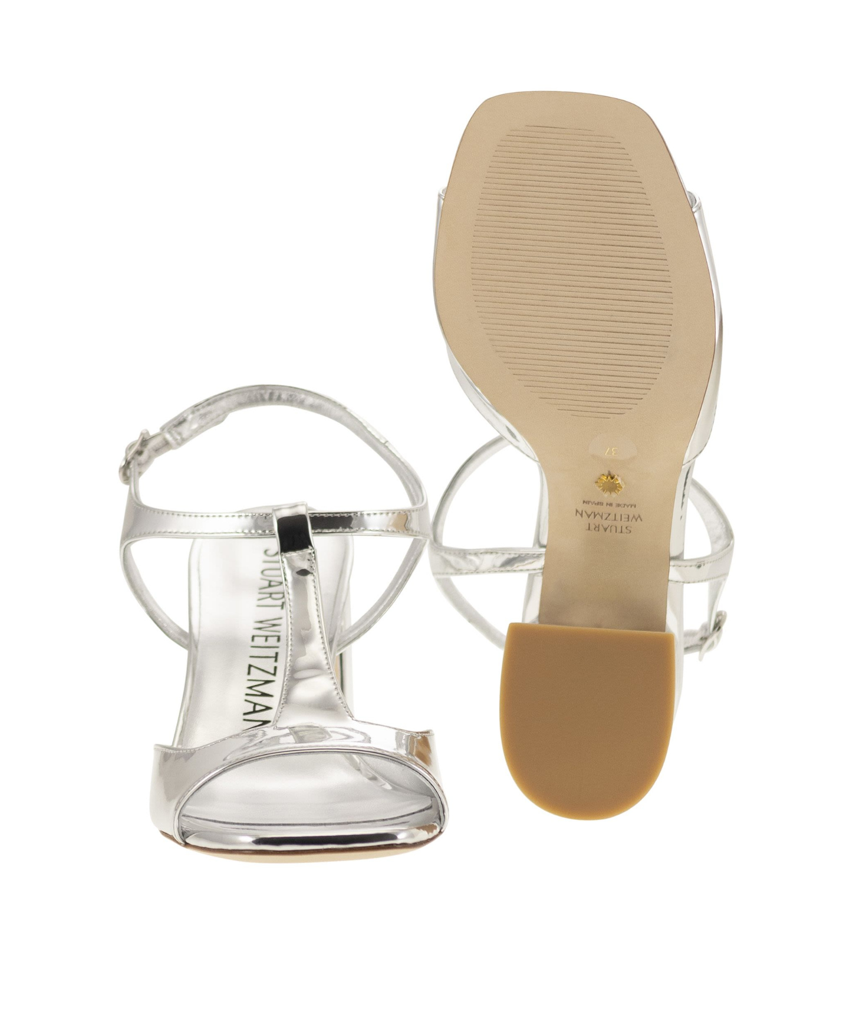 Stuart Weitzman Minimalist Flareblock 85 Mirrored Leather T-sandal In White