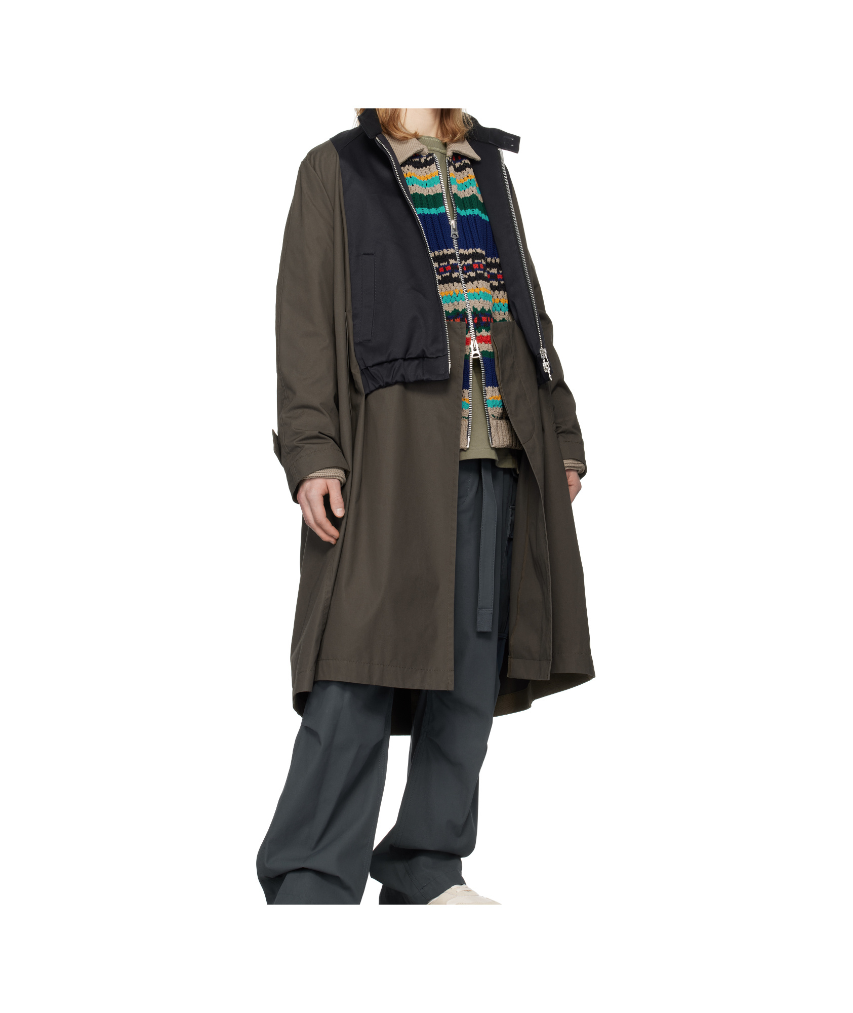 Sacai Khaki & Navy Cotton Chino X Gabardine Coat In Black