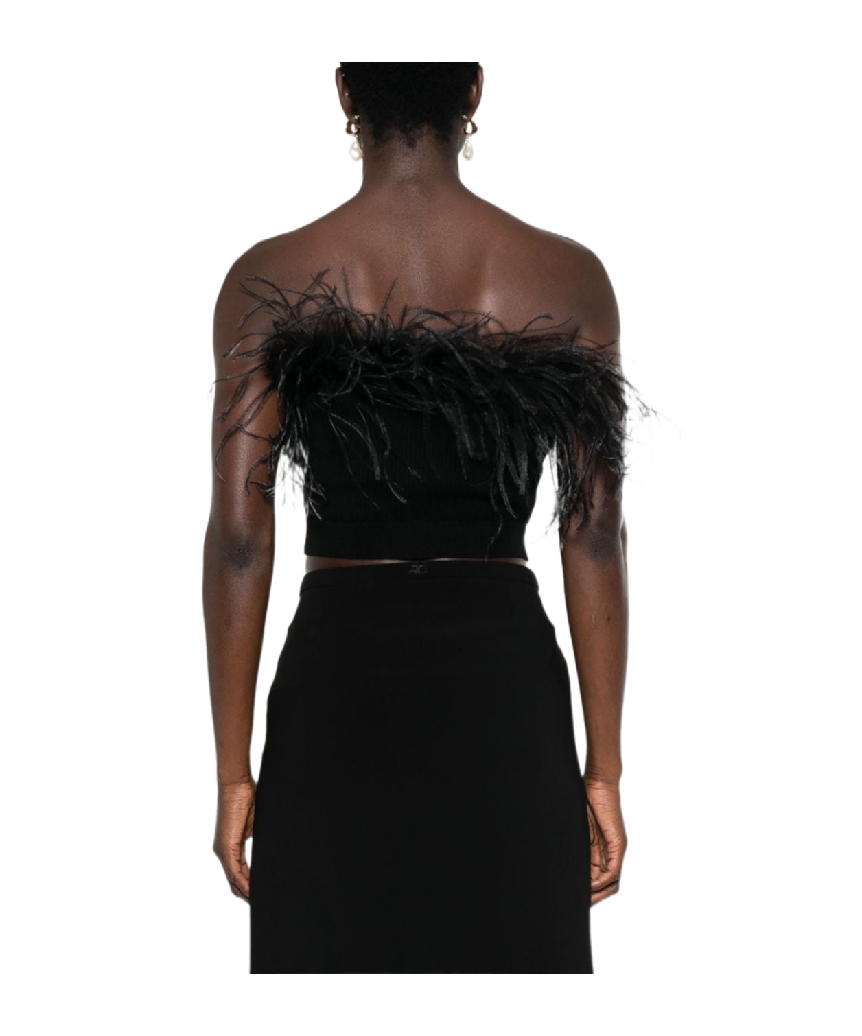 Alessandra Rich Feather-accented Wool Top With Button Detail And Sophisticated Design In Black