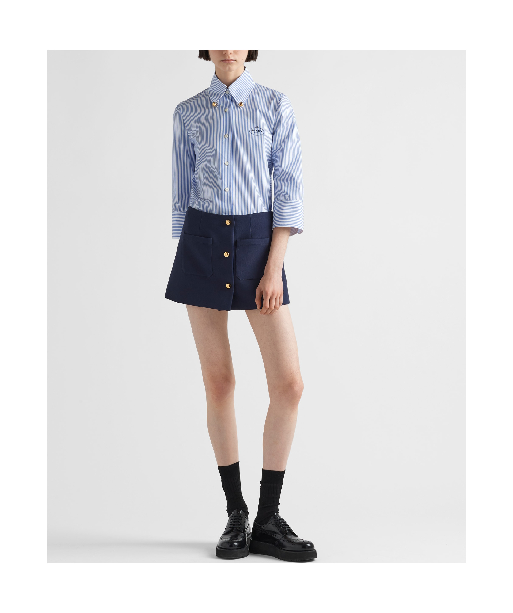 Prada Buttoned Wool-silk Twill Mini Skirt In Blue