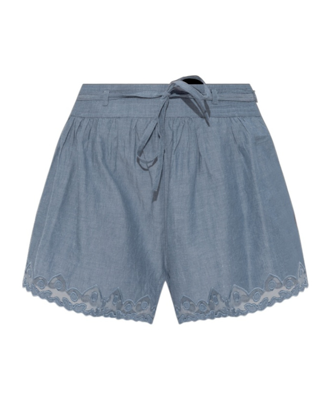 Ulla Johnson Elowen Belted Tulle-trimmed Embroidered Cotton-chambray Shorts In Blue