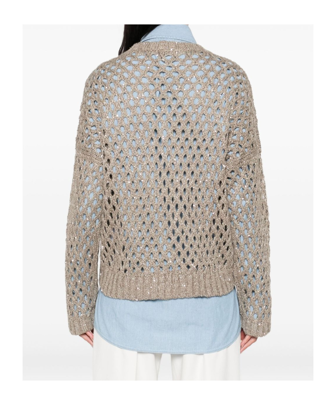 Brunello Cucinelli Sequin Embellished V-neck Knit Sweater In Brown