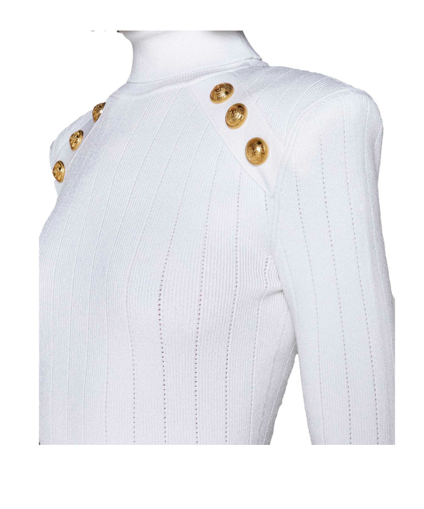 Shop Balmain Knit Jumper With Gold Buttons In White