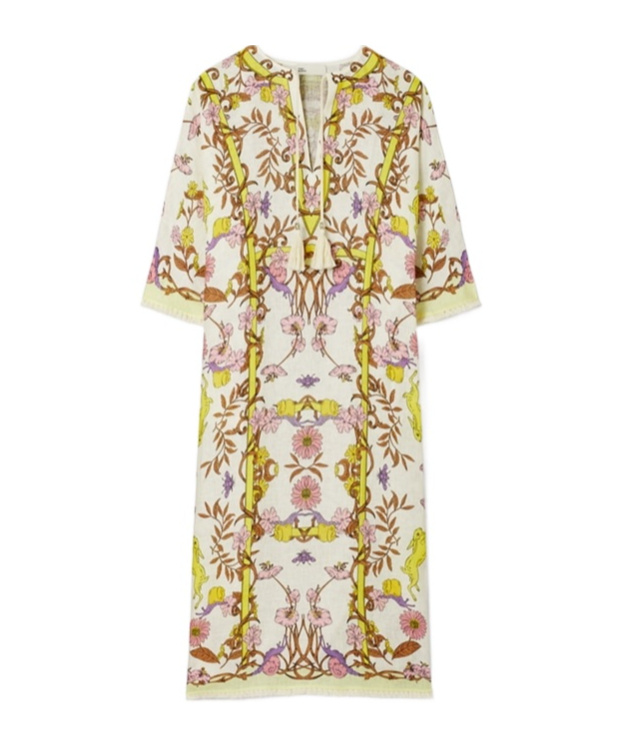Tory Burch Floral-print Linen Kaftan Dress In Multicolor