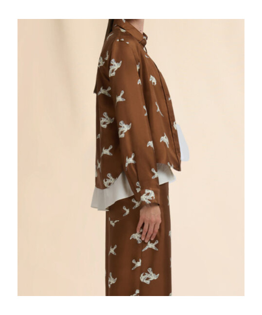 Marni Brown Silk Twill Shirt With Raven Print In Brown
