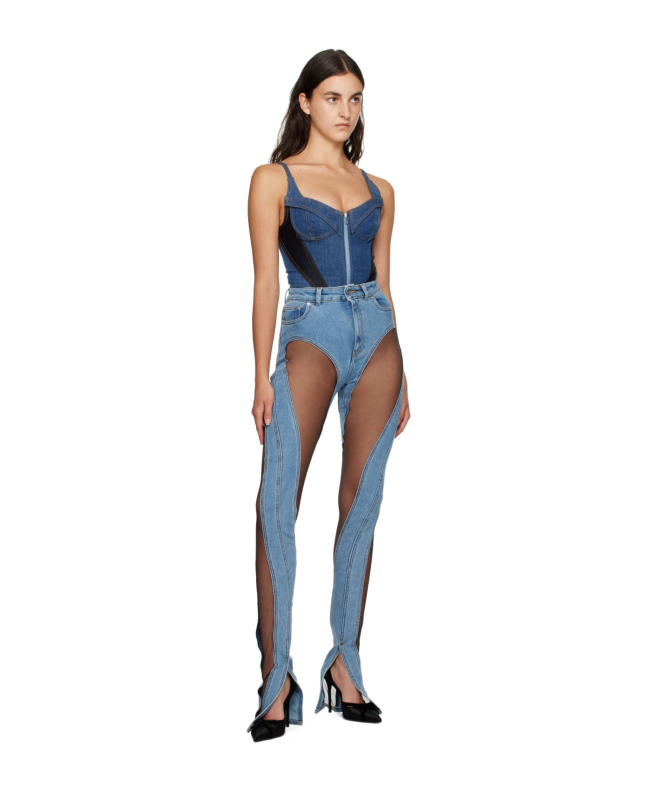 Mugler Stitched Design Denim Pants In Blue