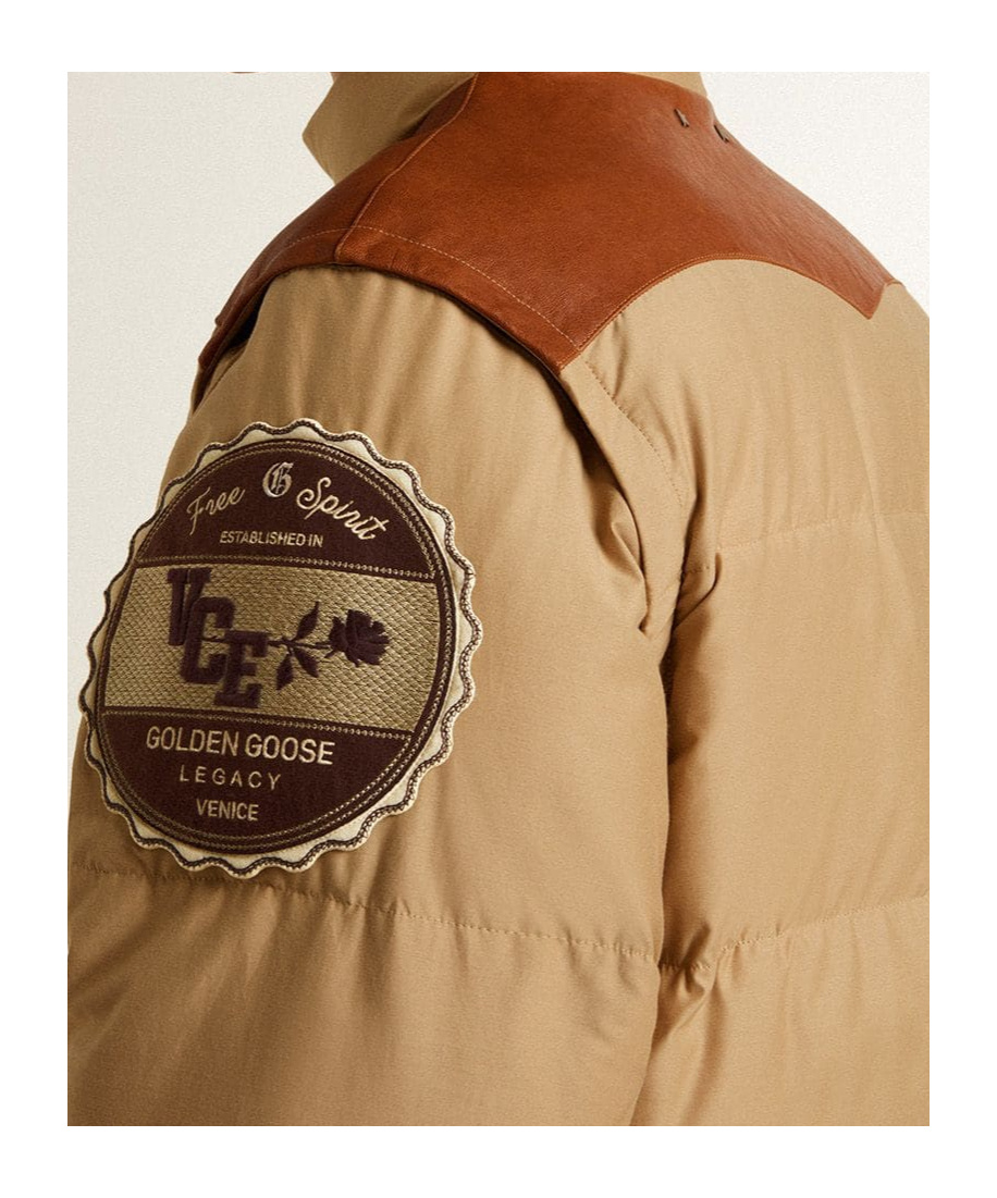 Golden Goose Beige Bomber Jacket With Leather And Patch Details In Brown