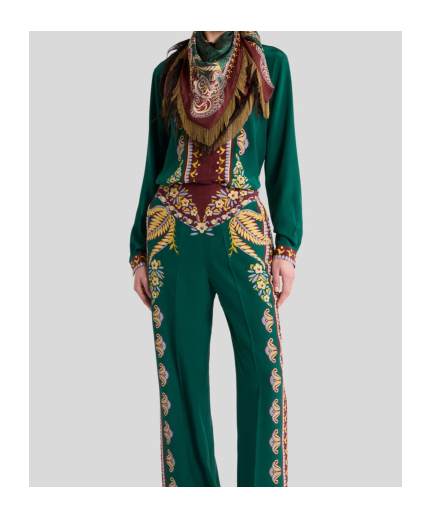 Etro Long Silk Shirt With Placed Print In Green