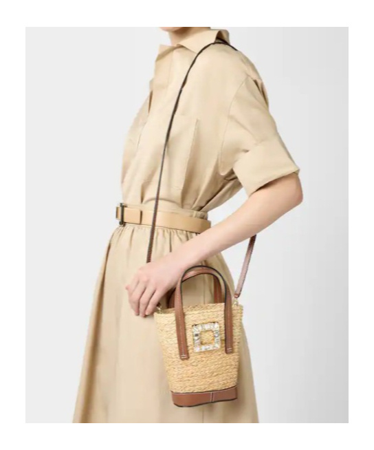 Roger Vivier Mini Shoulder Bag With Raffia Body In Brown